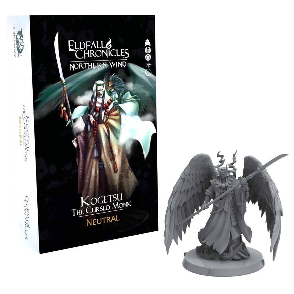 Game figure of a cursed monk next to its packaging titled 'Eldfall Chronicles'.