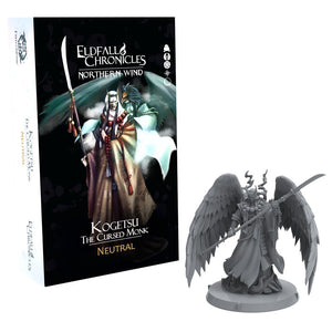 Game figure of a cursed monk next to its packaging titled 'Eldfall Chronicles'.