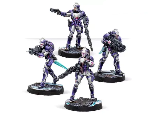 Four miniature figures from Corvus Belli Infinity on a white background