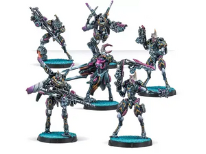 Toy figures from the Infinity game series by Corvus Belli on a white background