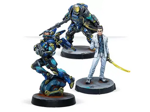 Two robot-like figures and a human figure with a sword on a white background, featuring 'Corvus Belli Infinity' branding.