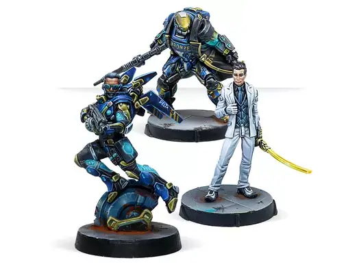 Two robot-like figures and a human figure with a sword on a white background, featuring 'Corvus Belli Infinity' branding.