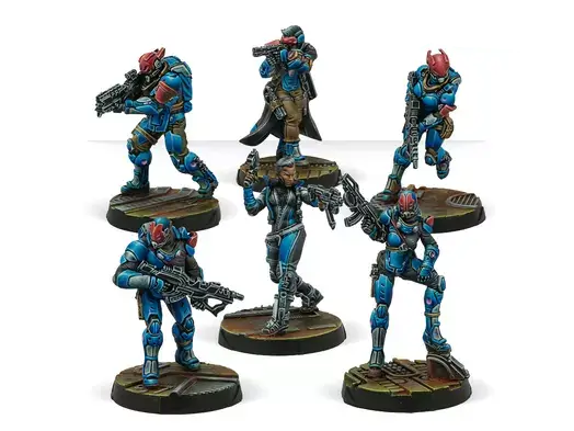 Set of miniature figures from Corvus Belli Infinity on a white background