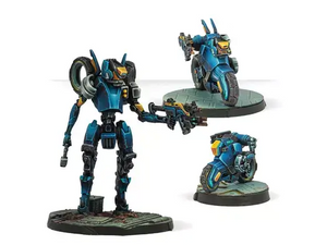 Mechanical figure with two smaller models on a white background, featuring 'Corvus Belli Infinity' branding.