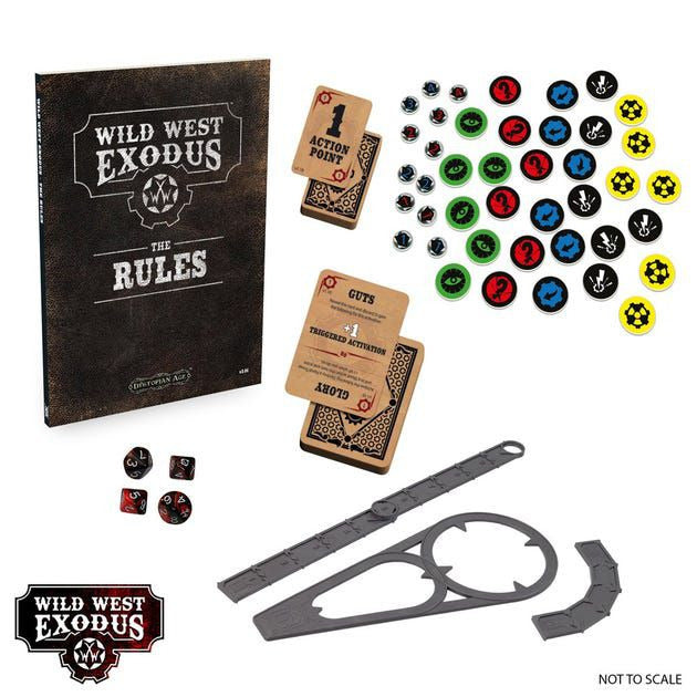 Wild West Exodus game components including rules book, dice, cards, and metal pieces on a white background.