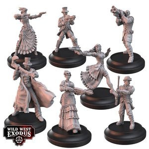 Set of six Wild West Exodus figurines on black bases with 'Wild West Exodus' logo.