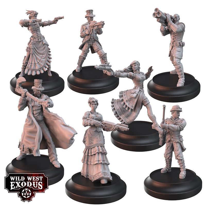 Set of six Wild West Exodus figurines on black bases with 'Wild West Exodus' logo.