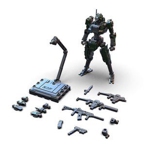 Toy robot with various weapons on a white background