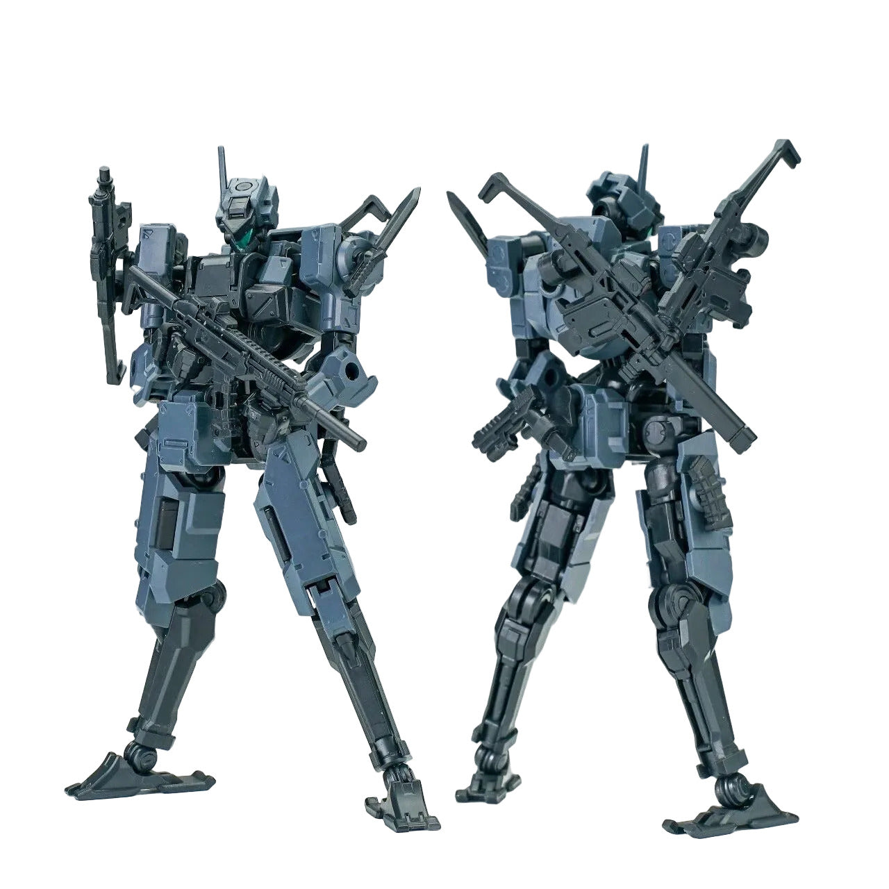 Two robot figures with weapons on a gray background