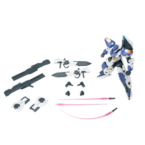 A small articulated robot/mecha figure in blue, white, and black, shown with multiple accessories laid out on a plain white background, including two long black weapons, several black and white blade-like pieces, small black hands, a pink sword, and a pink curved accessory.