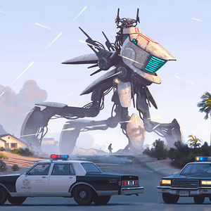 Large robot towering over two police cars on a suburban street.