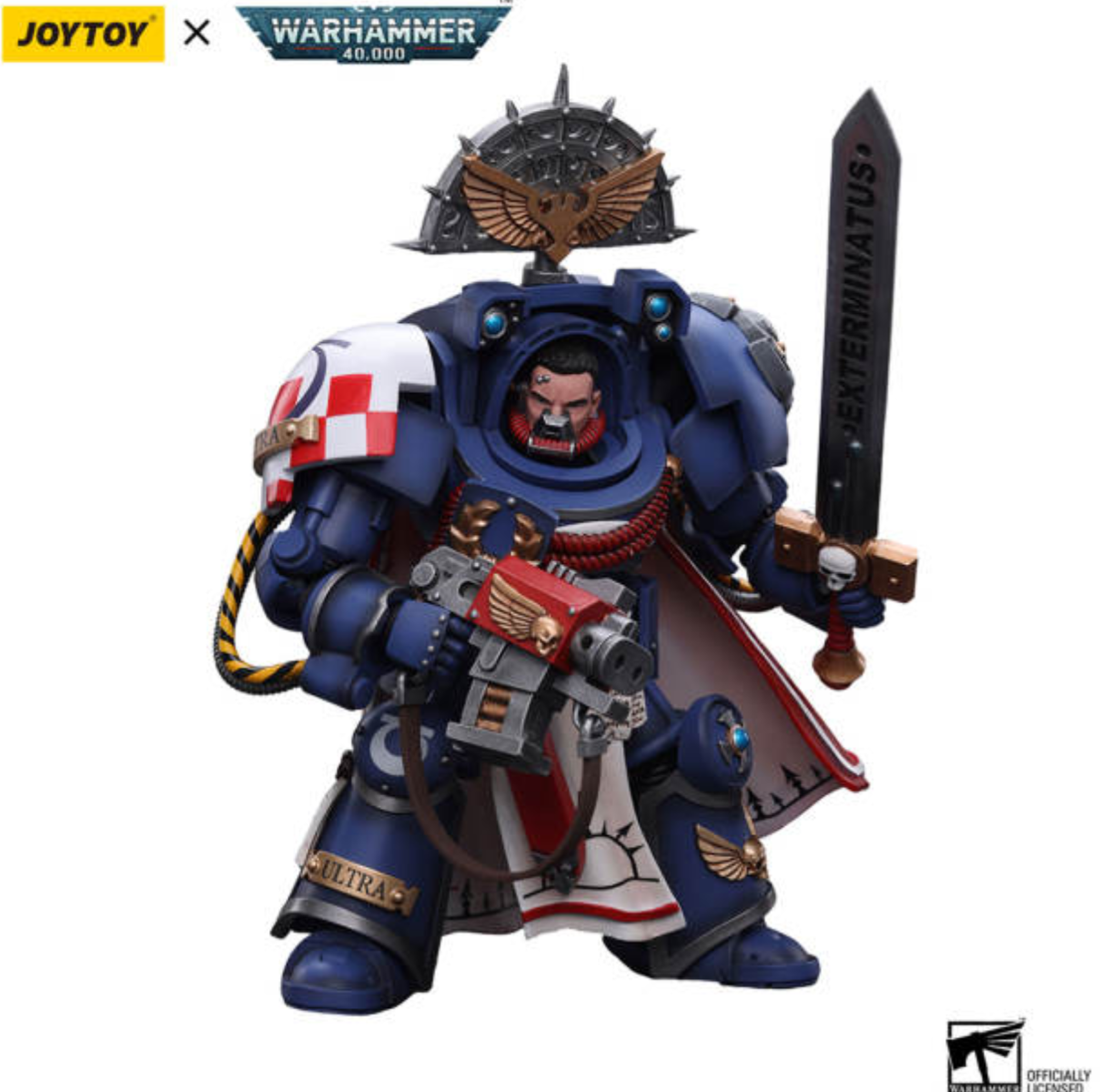 Warhammer 40,000 figurine with detailed armor and weapon on a white background