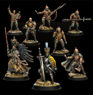 Collection of detailed miniature figurines on black stands for trench crusade