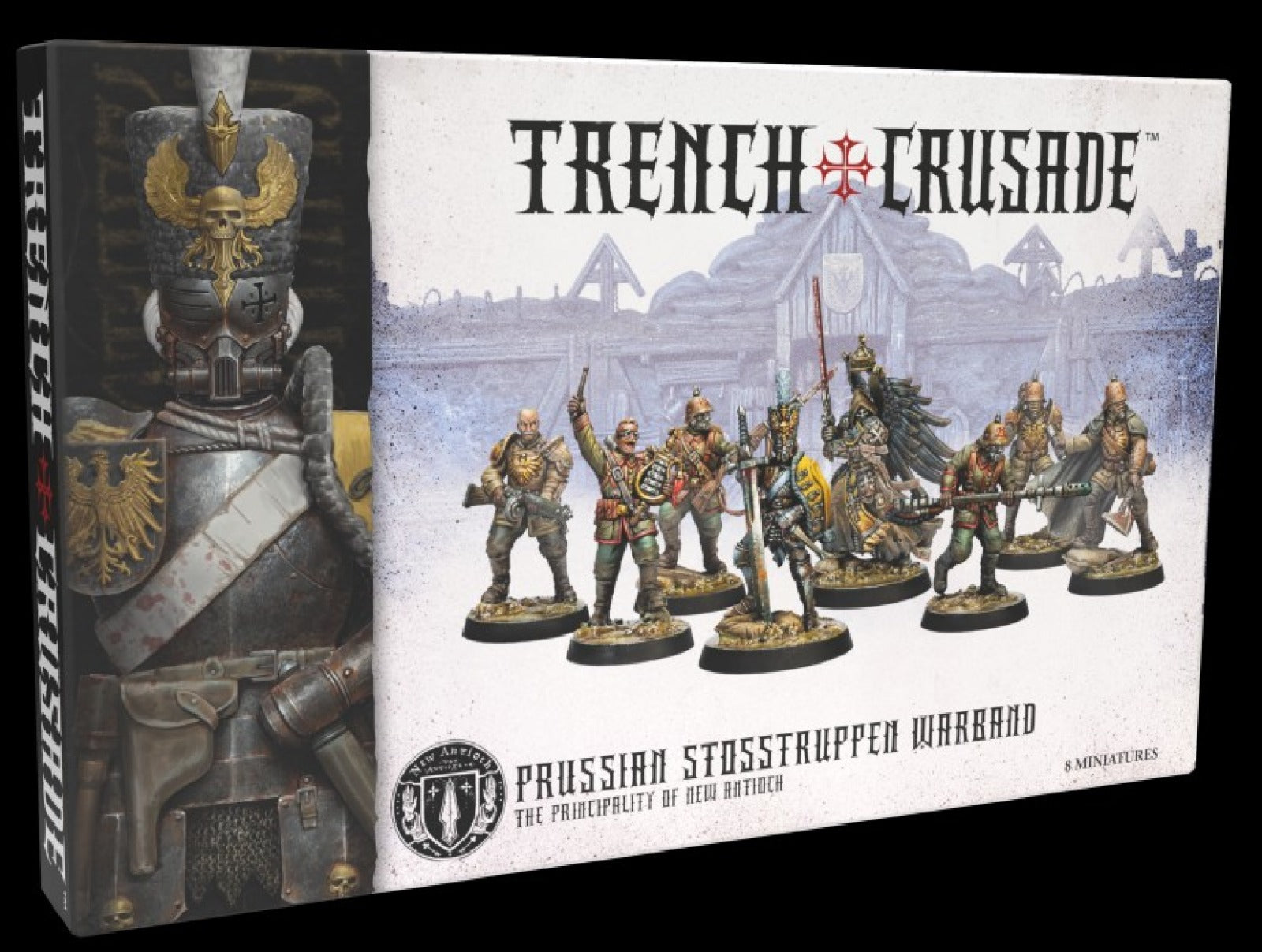 Trench Crusade game box with miniature figures and Prussian Stosstruppen Warband branding.