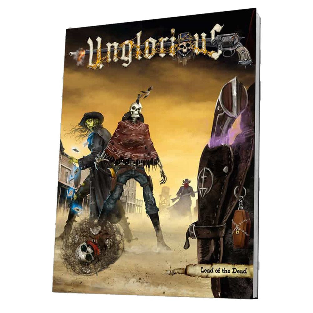 Book cover with 2 undead and a pistol holster in a wild western town. 