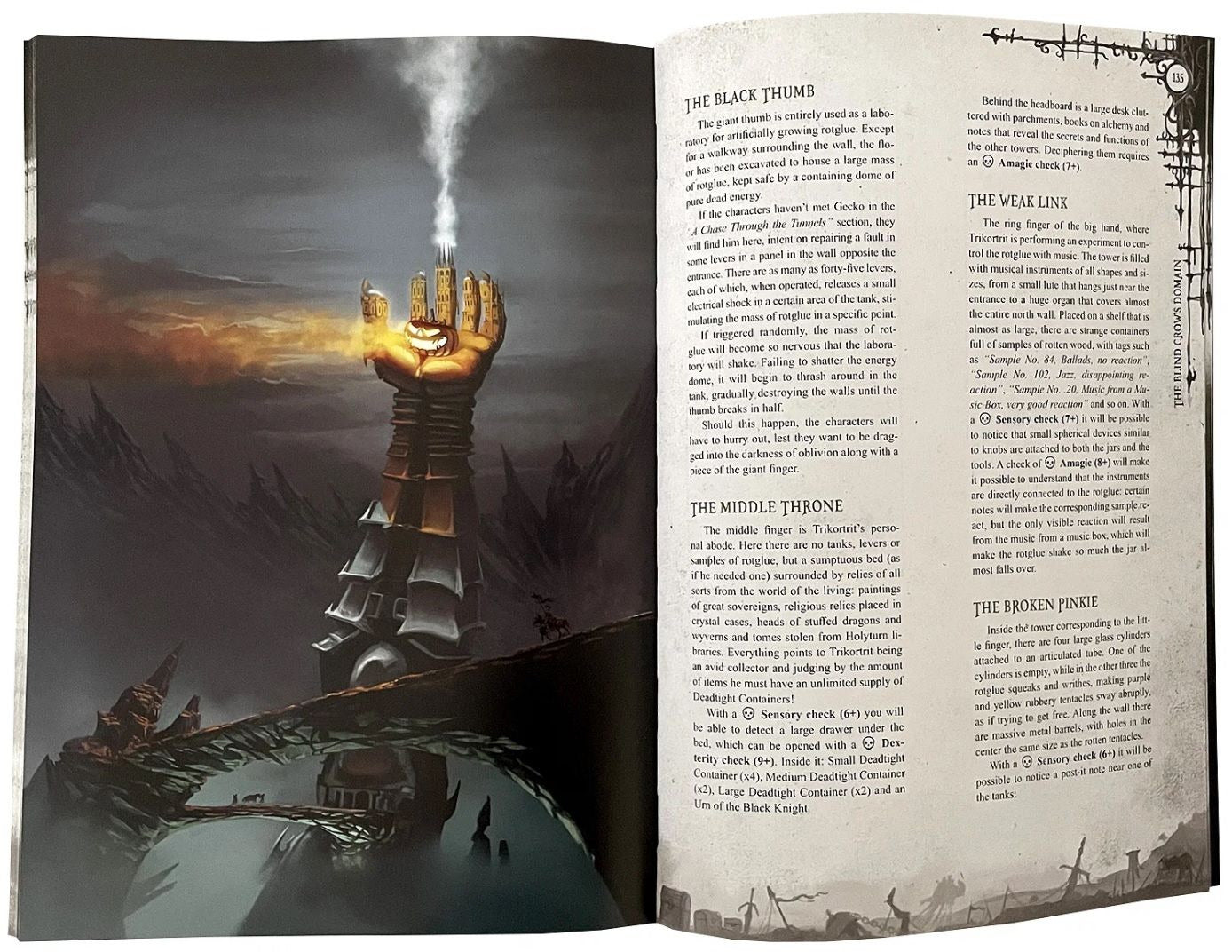 Open book with a fantasy illustration of a golden hand and text on the right page.