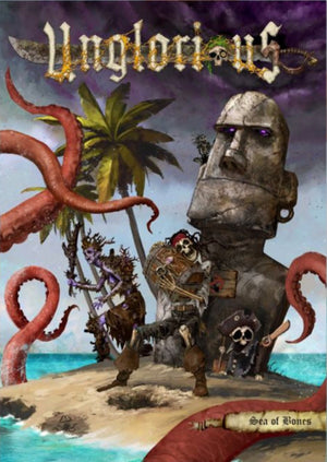 An island surrounded by a big octopus and two skeletons holding treasure