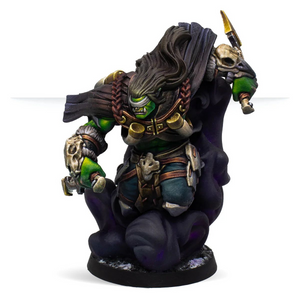 Fantasy figurine with detailed armor and weapons on a white background