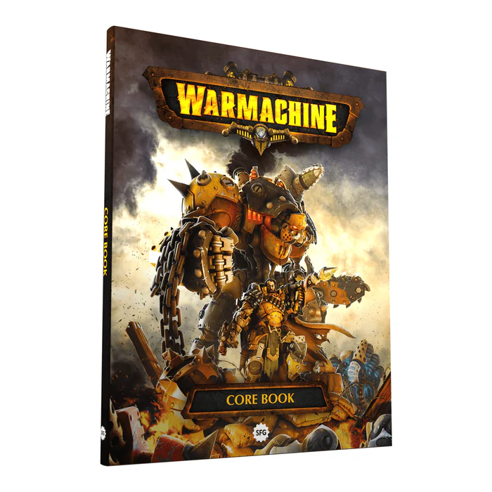 Steamforged Games Warmachine core book cover with warrior and mecha design.