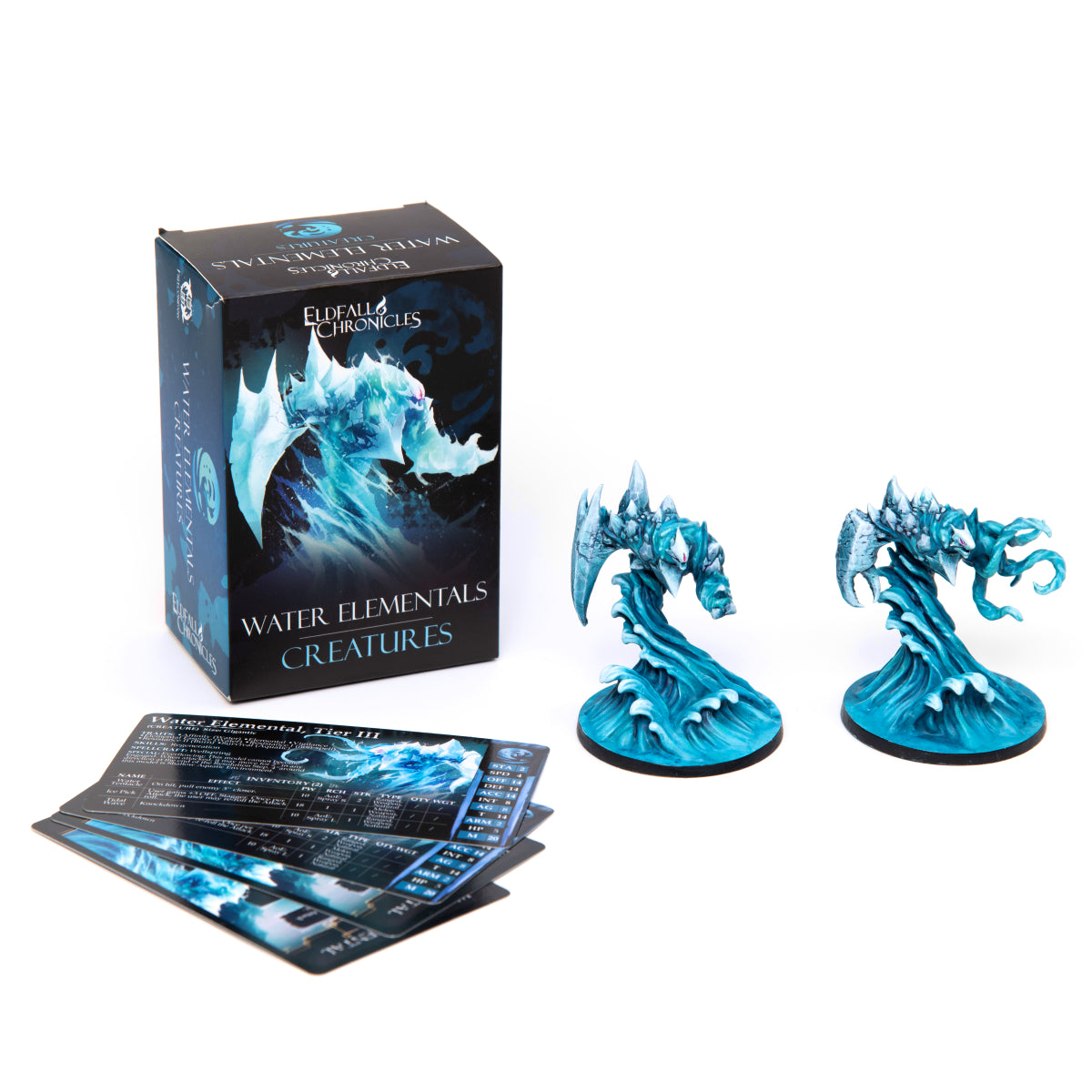 Two blue water elemental figurines with a box and cards on a white background